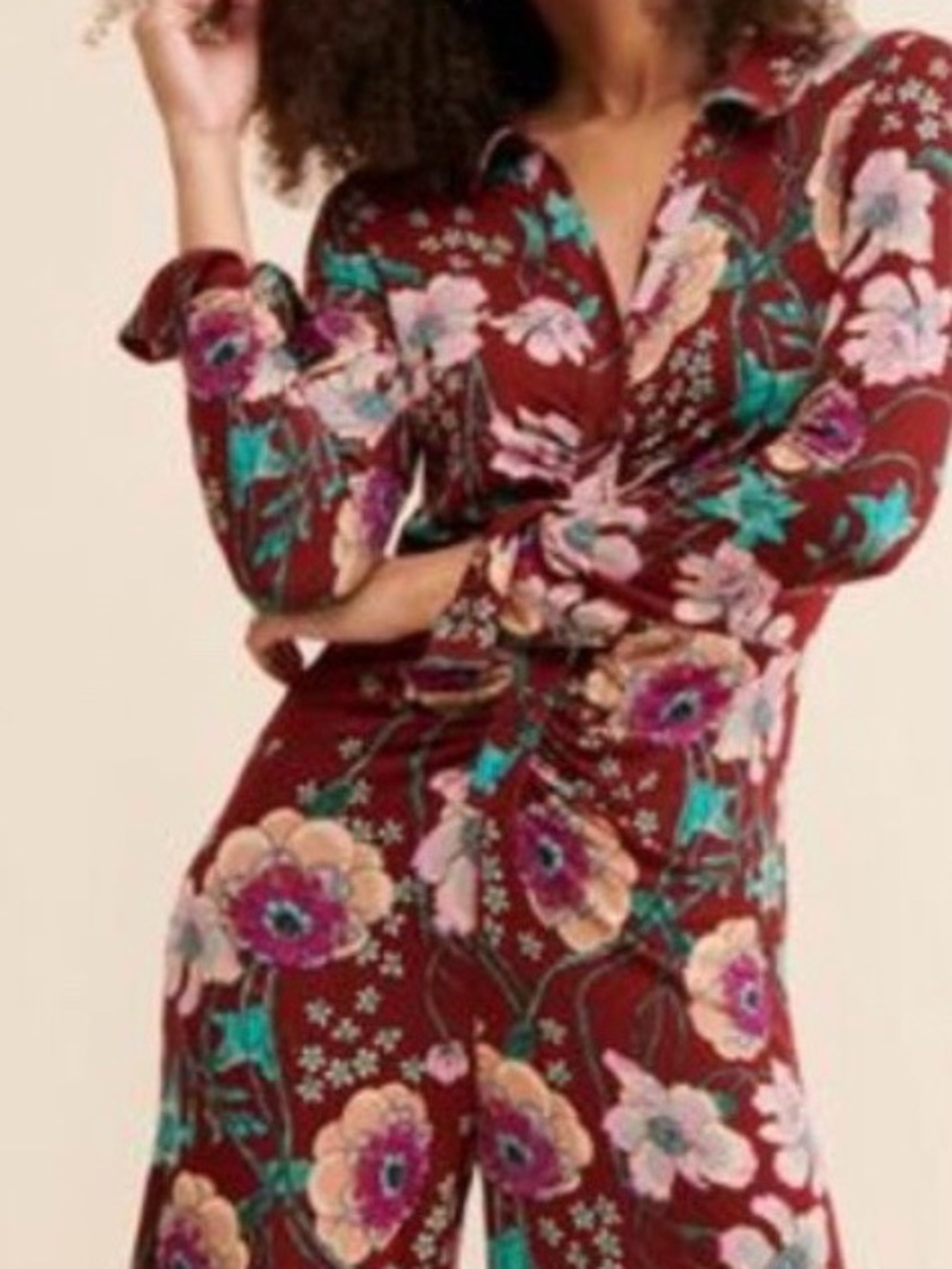 Anthropologie Burgundy Floral Twist-Front Jumpsuit